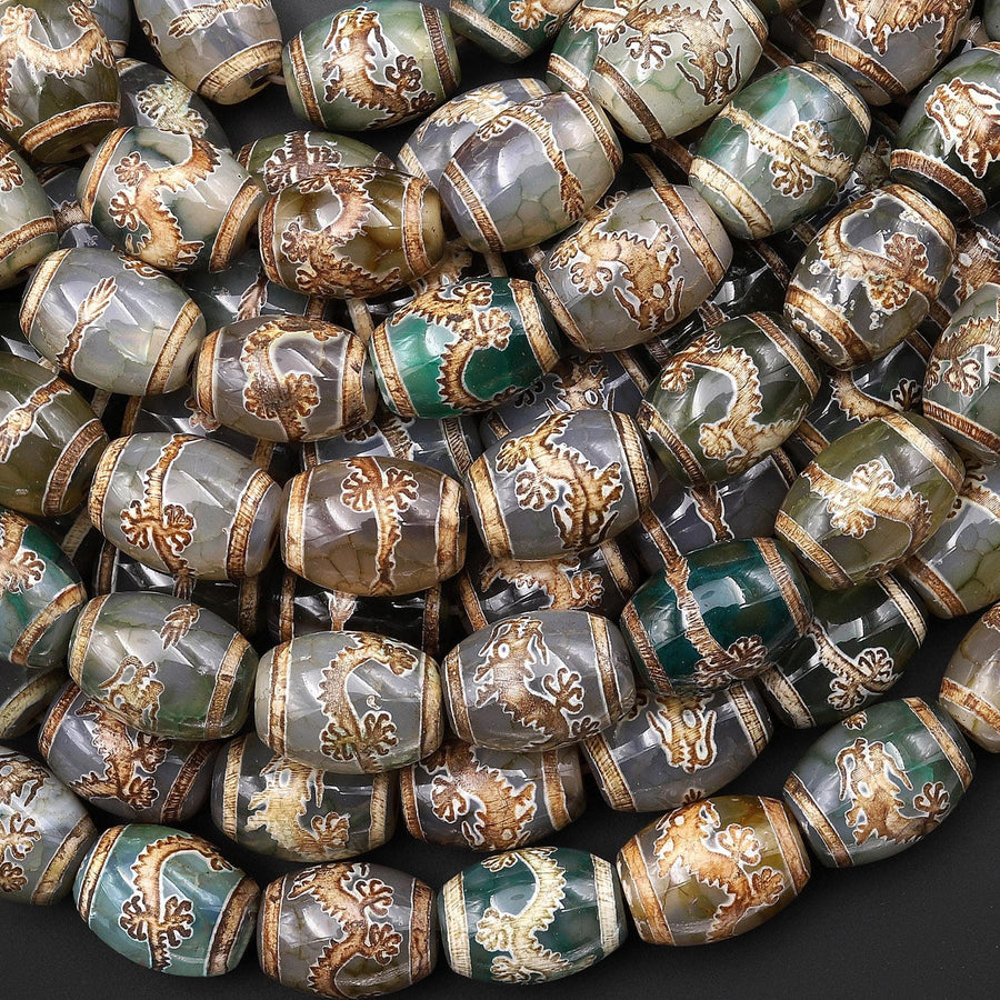 Tibetan Agate Drum Barrel Beads Dzi Green Brown Etched Dragon Antique Boho 15.5" Strand
