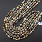 Tibetan Agate Drum Barrel Beads Dzi Green Brown Etched Dragon Antique Boho 15.5" Strand
