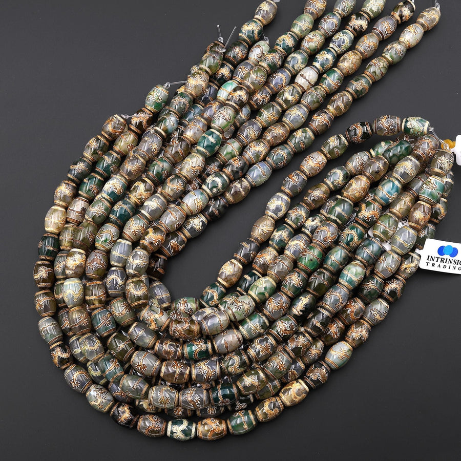 Tibetan Agate Drum Barrel Beads Dzi Green Brown Etched Dragon Antique Boho 15.5" Strand