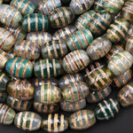 Tibetan Agate Drum Barrel Beads Dzi Green Brown Etched Line Antique Boho 15.5" Strand