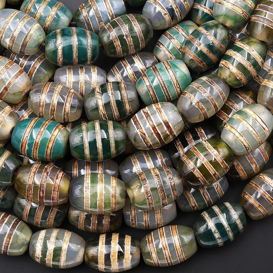 Tibetan Agate Drum Barrel Beads Dzi Green Brown Etched Line Antique Boho 15.5" Strand