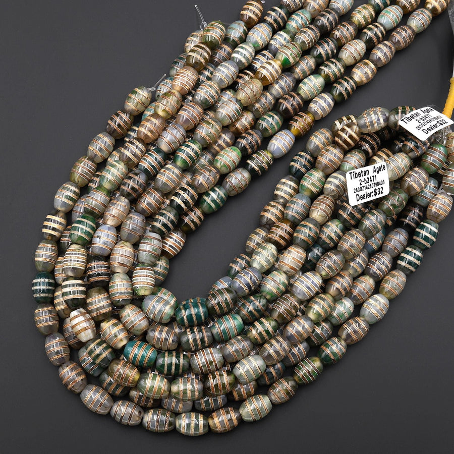 Tibetan Agate Drum Barrel Beads Dzi Green Brown Etched Line Antique Boho 15.5" Strand