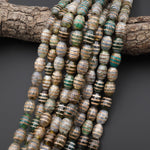 Tibetan Agate Drum Barrel Beads Dzi Green Brown Etched Line Antique Boho 15.5" Strand