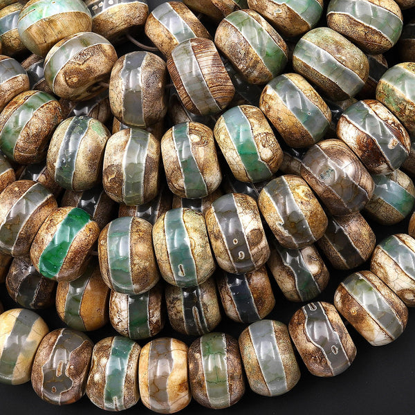 Large Tibetan Agate Rounded Disc Heishi Wheel Beads 14mm Dzi Green Brown Etched Line Antique Boho 15.5" Strand