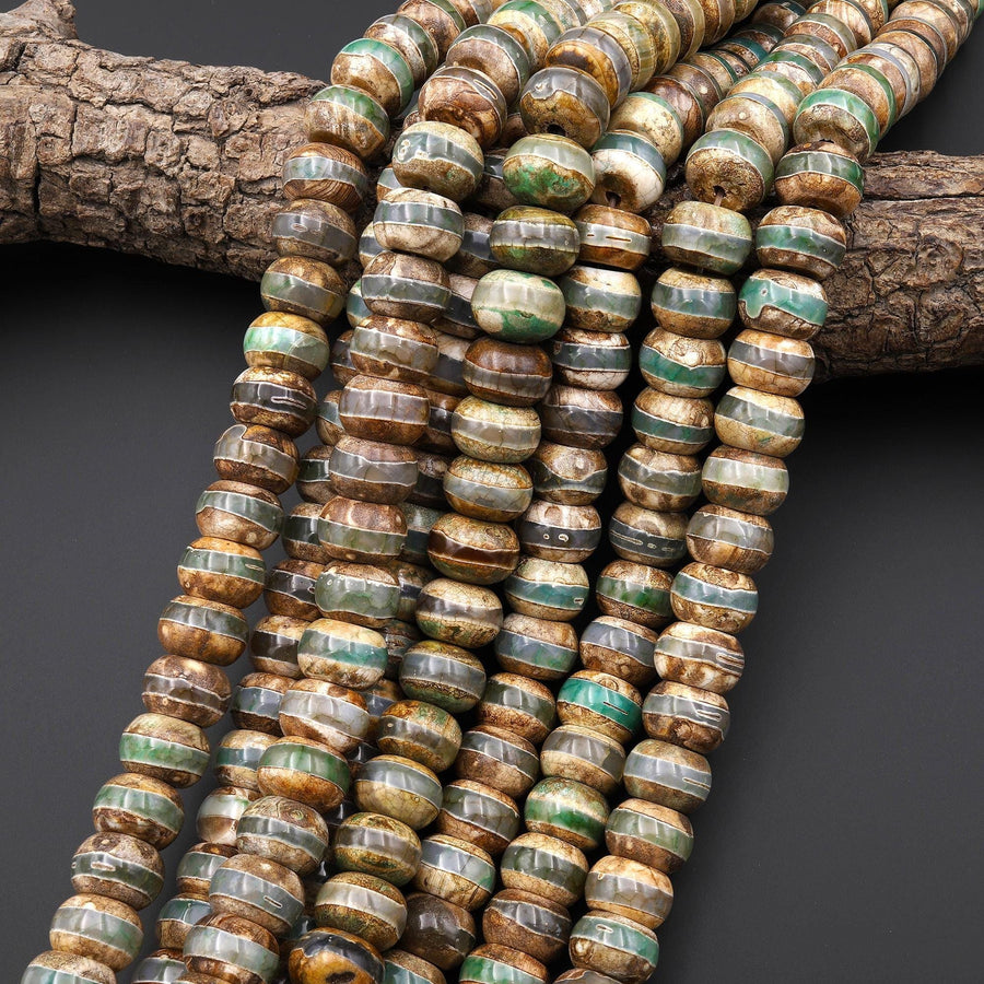 Large Tibetan Agate Rounded Disc Heishi Wheel Beads 14mm Dzi Green Brown Etched Line Antique Boho 15.5" Strand
