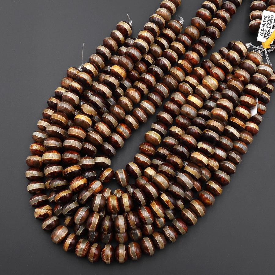 Large Tibetan Agate Rounded Disc Heishi Wheel Beads 14mm Dzi Brown Etched Line Antique Boho Earthy 15.5" Strand