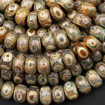 Large Tibetan Agate Rounded Disc Heishi Wheel Beads 12mm Dzi Green Brown Etched Eye Antique Boho 15.5" Strand