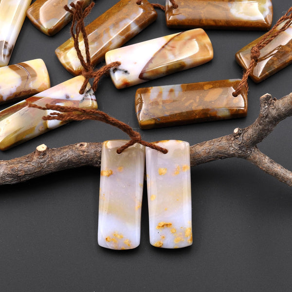Natural Polka Dot Agate Earring Drilled Gemstone Short Rectangle Matched Beads Pair From Oregon A4