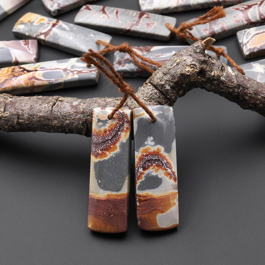 Natural Sonora Dendritic Rhyolite Jasper Rectangle Earring Drilled Gemstone Matched Beads Pair From Mexico