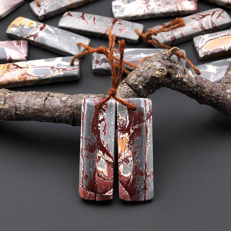 Natural Sonora Dendritic Rhyolite Jasper Rectangle Earring Drilled Gemstone Matched Beads Pair From Mexico A4