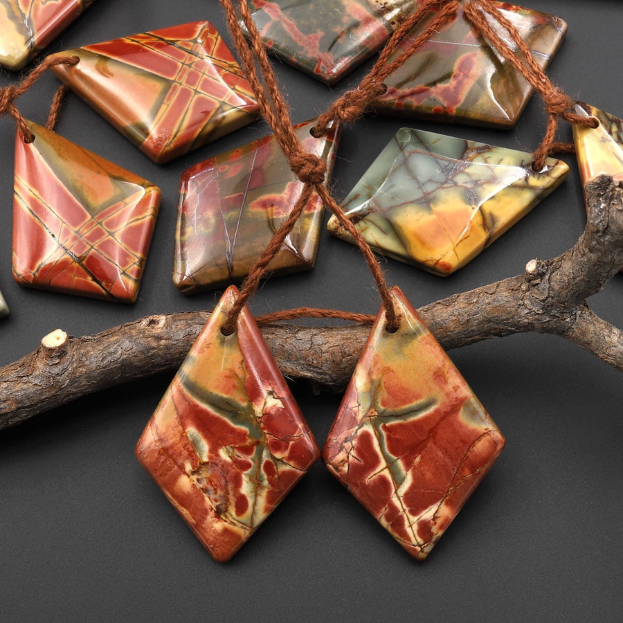 Drilled Red Creek Jasper Earring Pair Cabochon Cab Modern Kite Shape Matched Gemstone Bead Pair Aka Multicolor Picasso Jasper A4