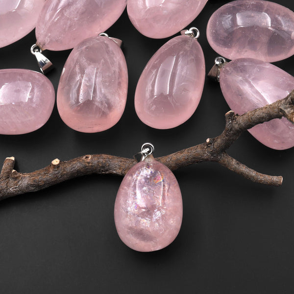 AAA Extra Gemmy Translucent Natural Madagascar Pink Rainbow Rose Quartz Egg Nugget Crystal Pendant A2