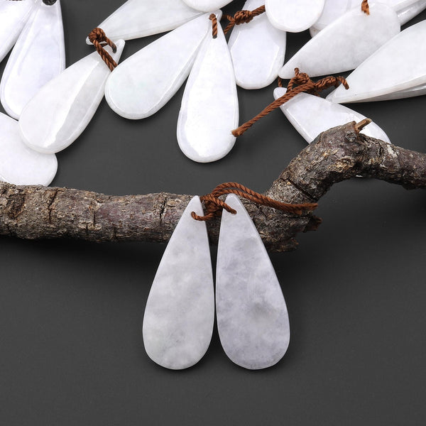 Icy Natural Real Genuine Burma White Jade Long Teardrop Earring Pair Drilled Gemstone Matched Beads A1