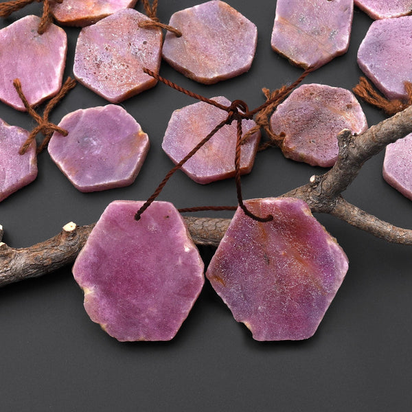 Natural Red Ruby Hexagon Flat Slice Drilled Matched Gemstone Beads Pair A1