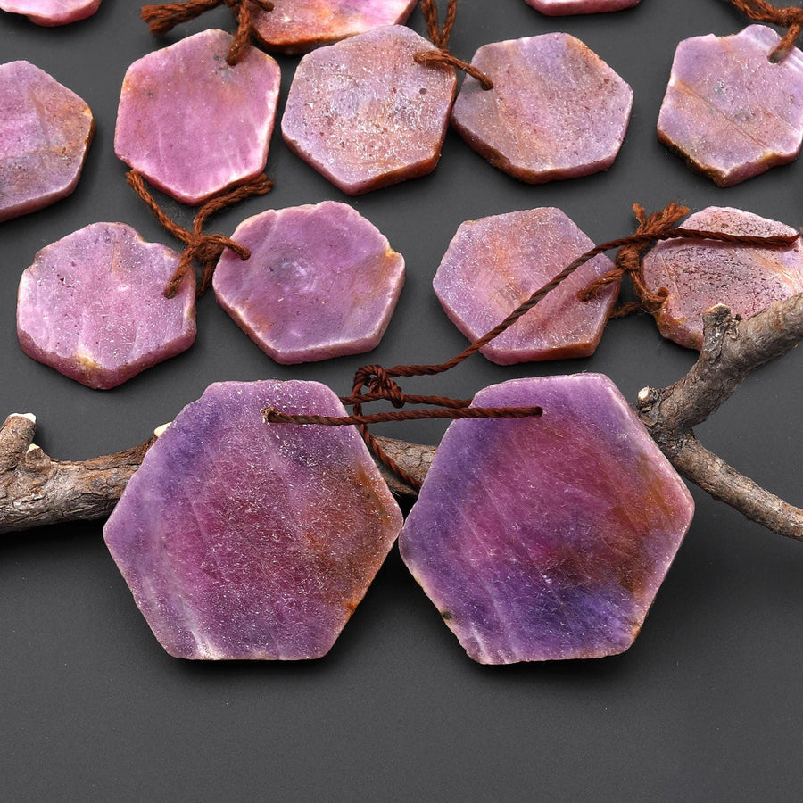 Natural Red Ruby Hexagon Flat Slice Drilled Matched Gemstone Beads Pair