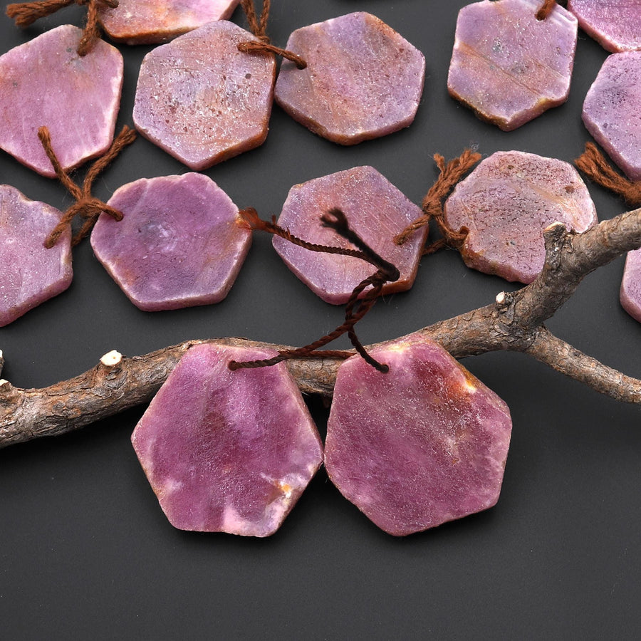 Natural Red Ruby Hexagon Flat Slice Drilled Matched Gemstone Beads Pair