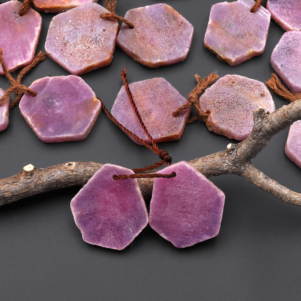 Natural Red Ruby Hexagon Flat Slice Drilled Matched Gemstone Beads Pair A5