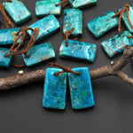Natural Blue Green Parrot Wing Chrysocolla Short Rectangle Earrings Matched Gemstone Bead Pair