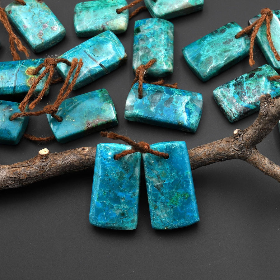 Natural Blue Green Parrot Wing Chrysocolla Short Rectangle Earrings Matched Gemstone Bead Pair