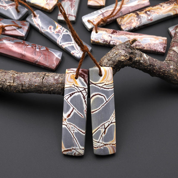 Natural Sonora Dendritic Rhyolite Jasper Long Rectangle Earring Drilled Gemstone Matched Beads Pair From Mexico A3