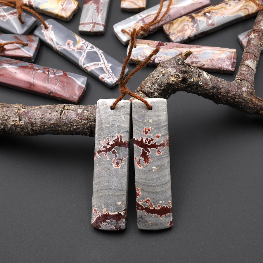 Natural Sonora Dendritic Rhyolite Jasper Long Rectangle Earring Drilled Gemstone Matched Beads Pair From Mexico A7
