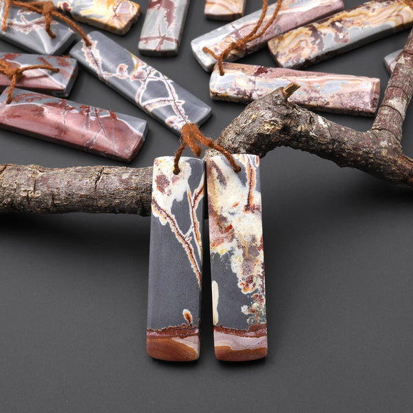 Natural Sonora Dendritic Rhyolite Jasper Long Rectangle Earring Drilled Gemstone Matched Beads Pair From Mexico A10