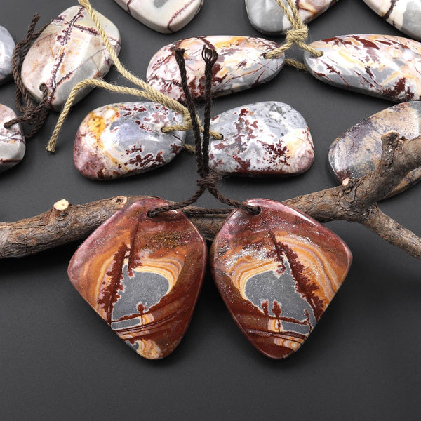 Natural Sonora Dendritic Rhyolite Jasper Freeform Drop Earring Drilled Gemstone Matched Beads Pair From Mexico A1