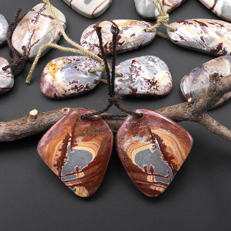 Natural Sonora Dendritic Rhyolite Jasper Freeform Organic Shape Earring Drilled Gemstone Matched Beads Pair From Mexico