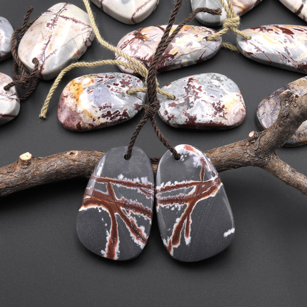 Natural Sonora Dendritic Rhyolite Jasper Freeform Drop Earring Drilled Gemstone Matched Beads Pair From Mexico A2