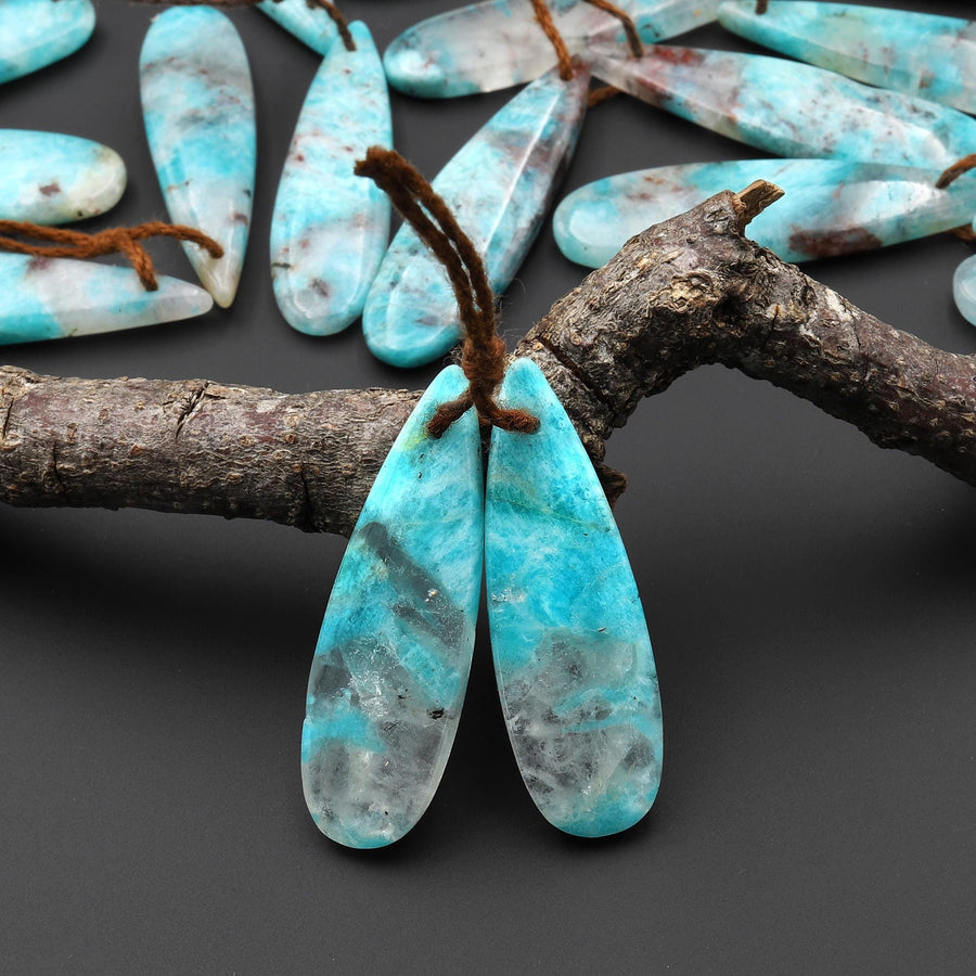 Natural Madagascar Blue Amazonite Teardrop Earring Drilled Matched Gemstone Bead Pair
