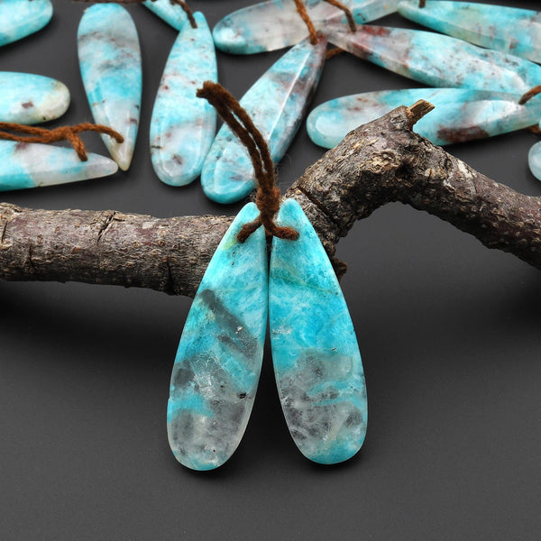 Natural Madagascar Blue Amazonite Teardrop Earring Drilled Matched Gemstone Bead Pair A4