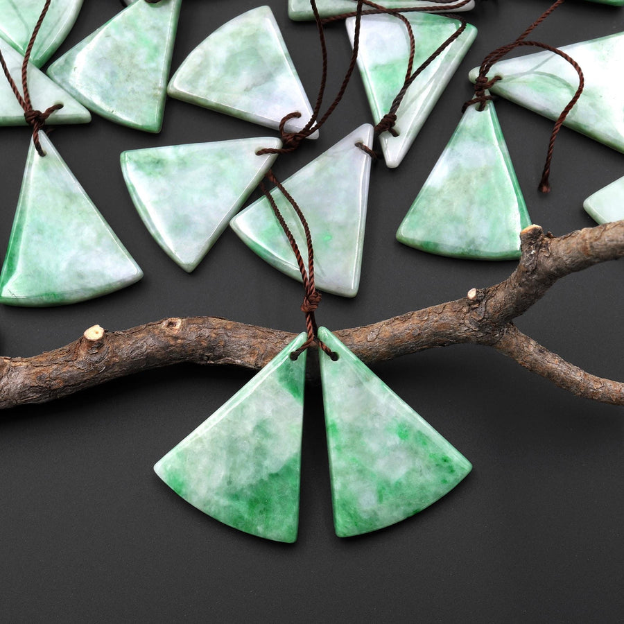 Natural Genuine Green Burma Jadeite Curved Fan Triangle Earring Pair Drilled Gemstone Matched Beads