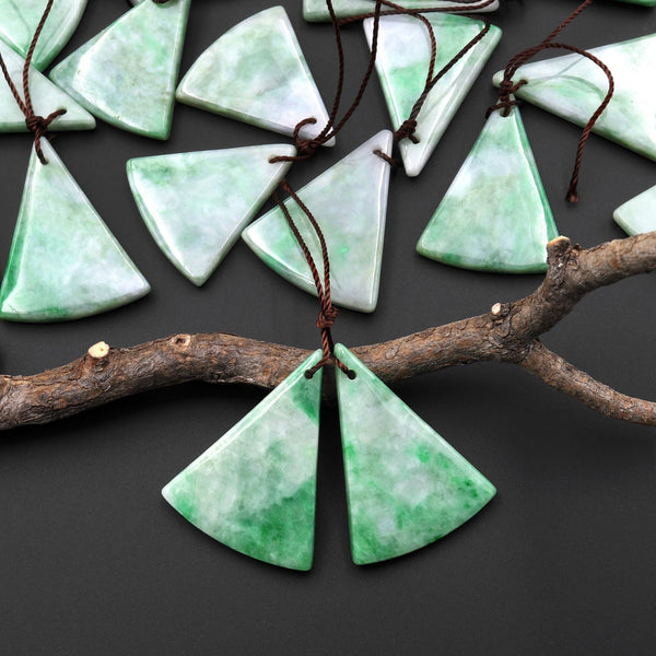 Natural Genuine Green Burma Jadeite Curved Fan Triangle Earring Pair Drilled Gemstone Matched Beads