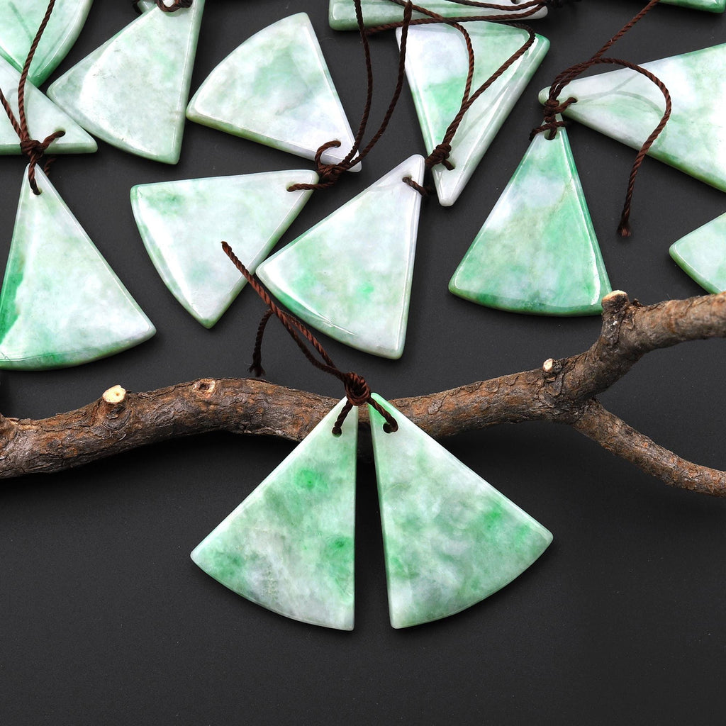 Natural Genuine Green Burma Jadeite Curved Fan Triangle Earring Pair Drilled Gemstone Matched Beads A2
