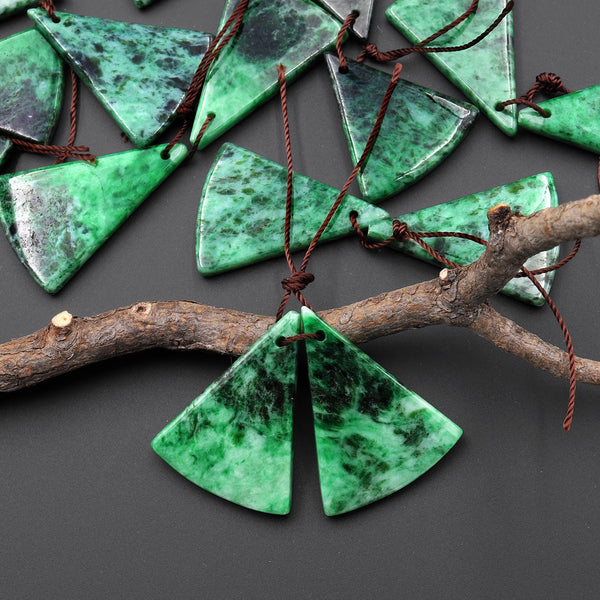 Rare Genuine Natural Green Burma Maw Sit Sit Jade Albite Curved Fan Triangle Earring Pair Drilled Gemstone Matched Beads A2