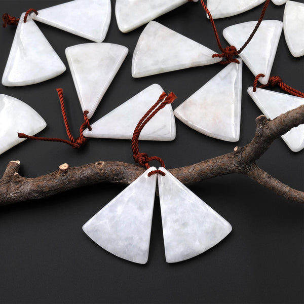 Icy Natural Real Genuine Burma White Jade Curved Fan Triangle Earring Pair Drilled Gemstone Matched Beads A1