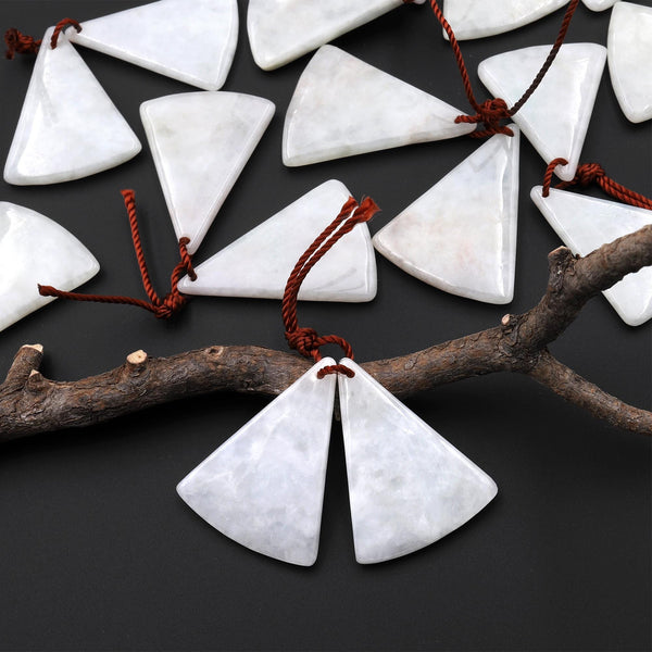 Icy Natural Real Genuine Burma White Jade Curved Fan Triangle Earring Pair Drilled Gemstone Matched Beads