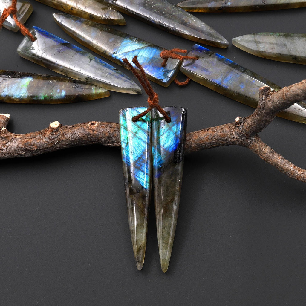 Flashy Natural Labradorite Earring Pair Dagger Elongated Tapered Spike Point Drilled Matched Gemstone Beads A1