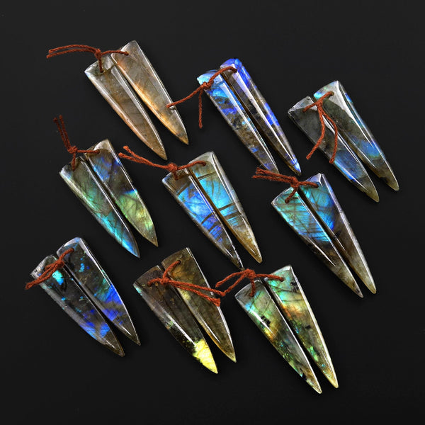 Flashy Natural Labradorite Earring Pair Dagger Elongated Tapered Spike Point Drilled Matched Gemstone Beads