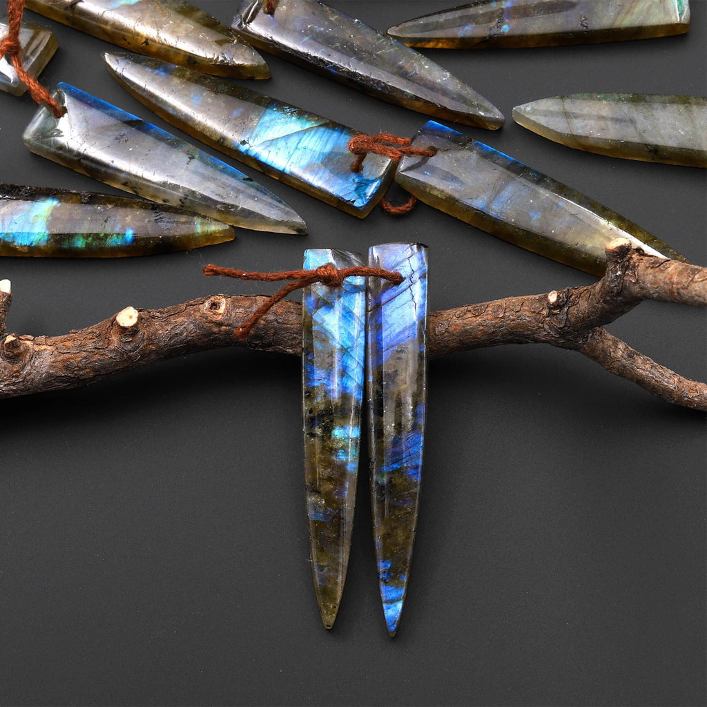 Flashy Natural Labradorite Earring Pair Dagger Elongated Tapered Spike Point Drilled Matched Gemstone Beads A3
