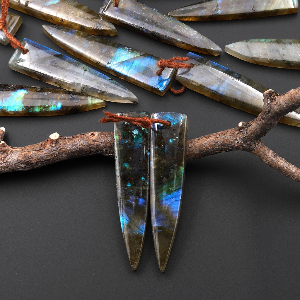 Flashy Natural Labradorite Earring Pair Dagger Elongated Tapered Spike Point Drilled Matched Gemstone Beads A4