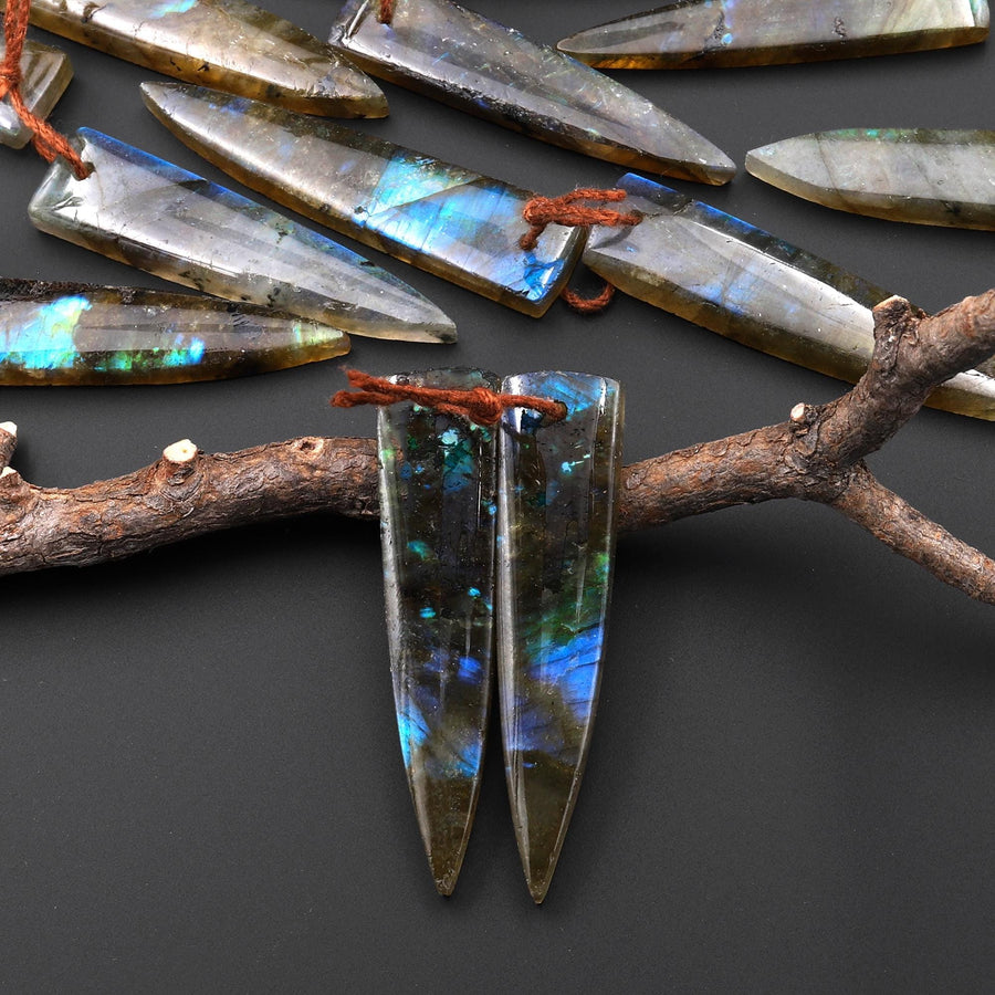 Flashy Natural Labradorite Earring Pair Dagger Elongated Tapered Spike Point Drilled Matched Gemstone Beads A4