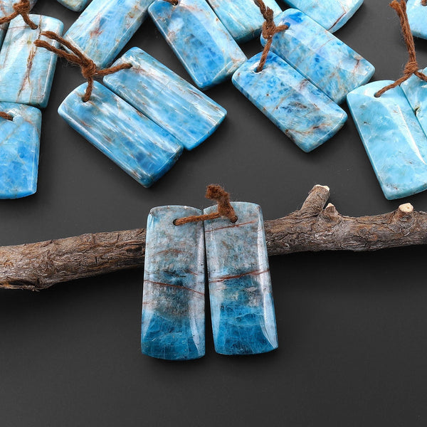Natural Robin's Egg Turquoise Blue Apatite Short Rectangle Earrings Drilled Matched Gemstone Beads Pair A3