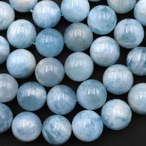 thumbnail image 2 of Natural Blue Aquamarine 14mm Gemstone Bead Stretch Bracelet – 7.5 Inch AAA 2 of 4