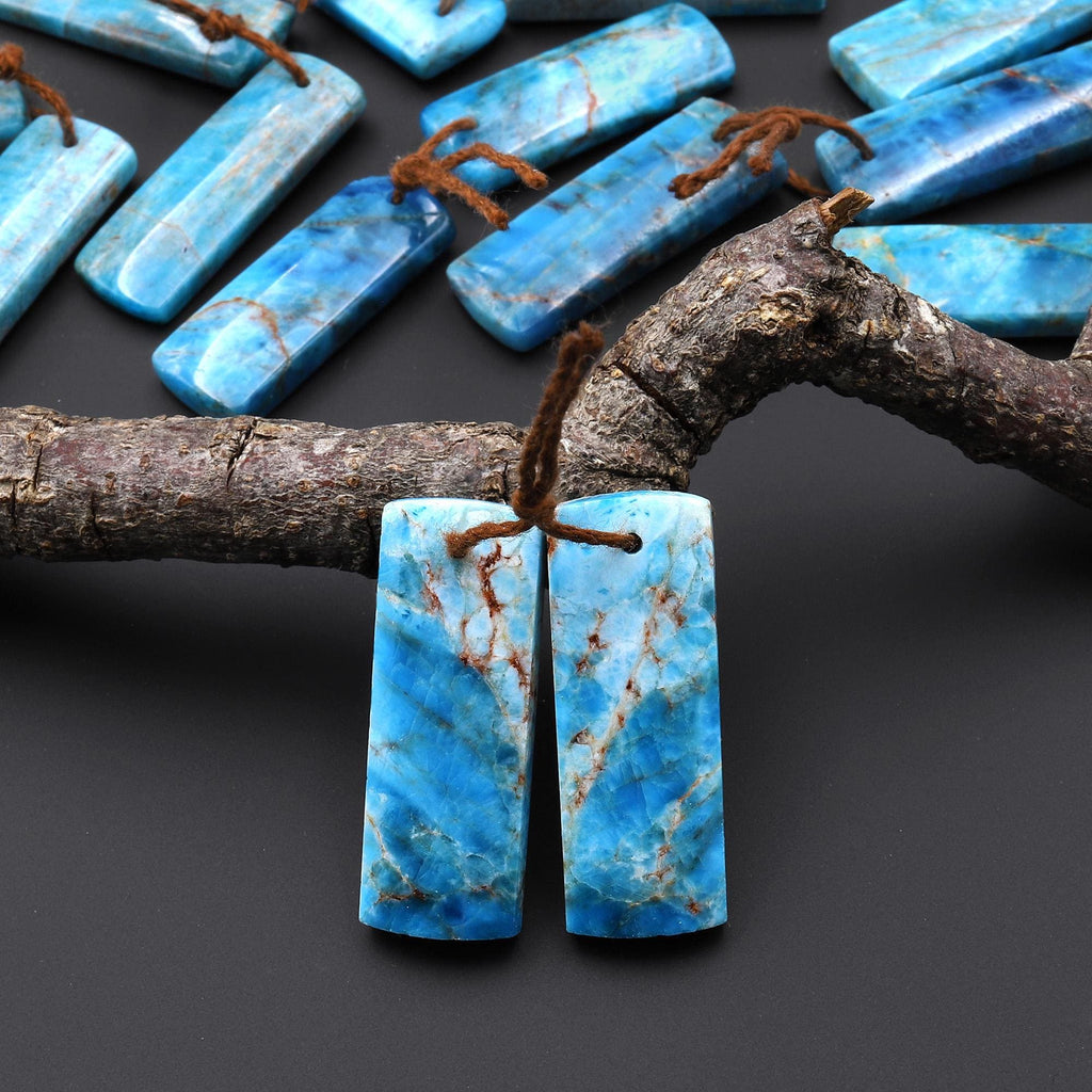 Rare Natural Robin's Egg Turquoise Blue Apatite Rectangle Earrings Drilled Matched Gemstone Beads Pair A1