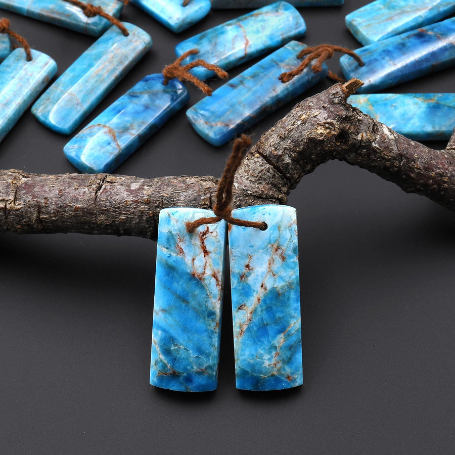 Rare Natural Robin's Egg Turquoise Blue Apatite Rectangle Earrings Drilled Matched Gemstone Beads Pair A1