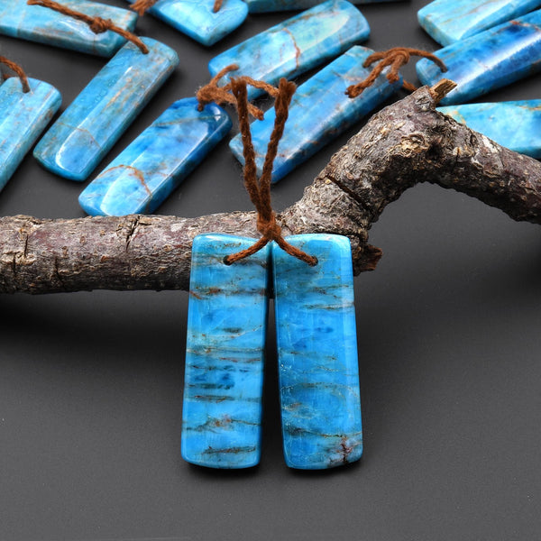 Rare Natural Robin's Egg Turquoise Blue Apatite Rectangle Earrings Drilled Matched Gemstone Beads Pair A2