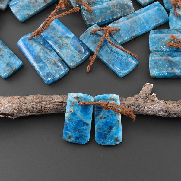 Natural Teal Blue Apatite Short Rectangle Earrings Drilled Matched Gemstone Beads Pair A2