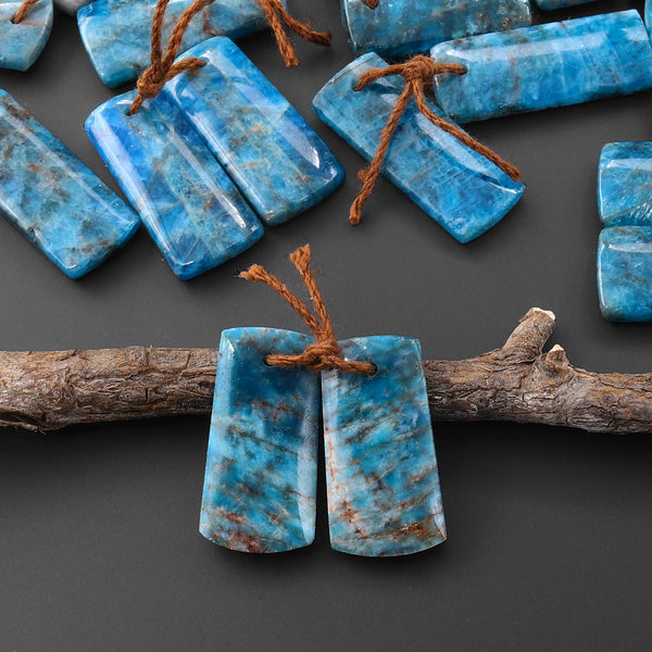 Natural Teal Blue Apatite Short Rectangle Earrings Drilled Matched Gemstone Beads Pair A4