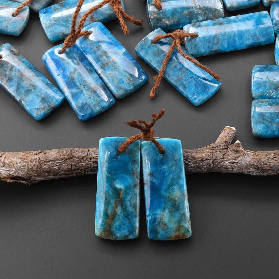 Natural Teal Blue Apatite Short Rectangle Earrings Drilled Matched Gemstone Beads Pair A5